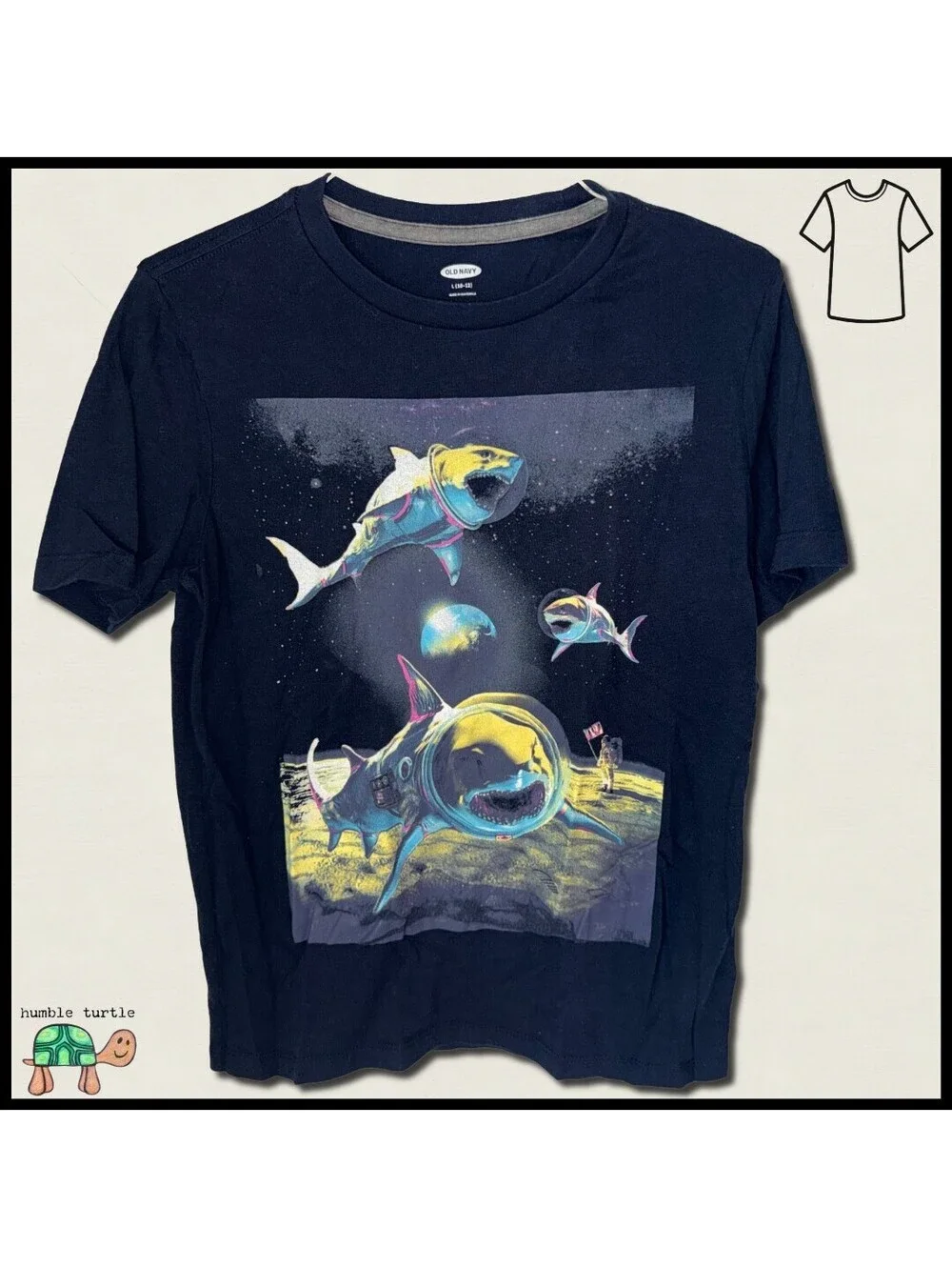 Old Navy Boys' Astronaut Sharks T-Shirt | Size L 10/12 | Excellent Condition